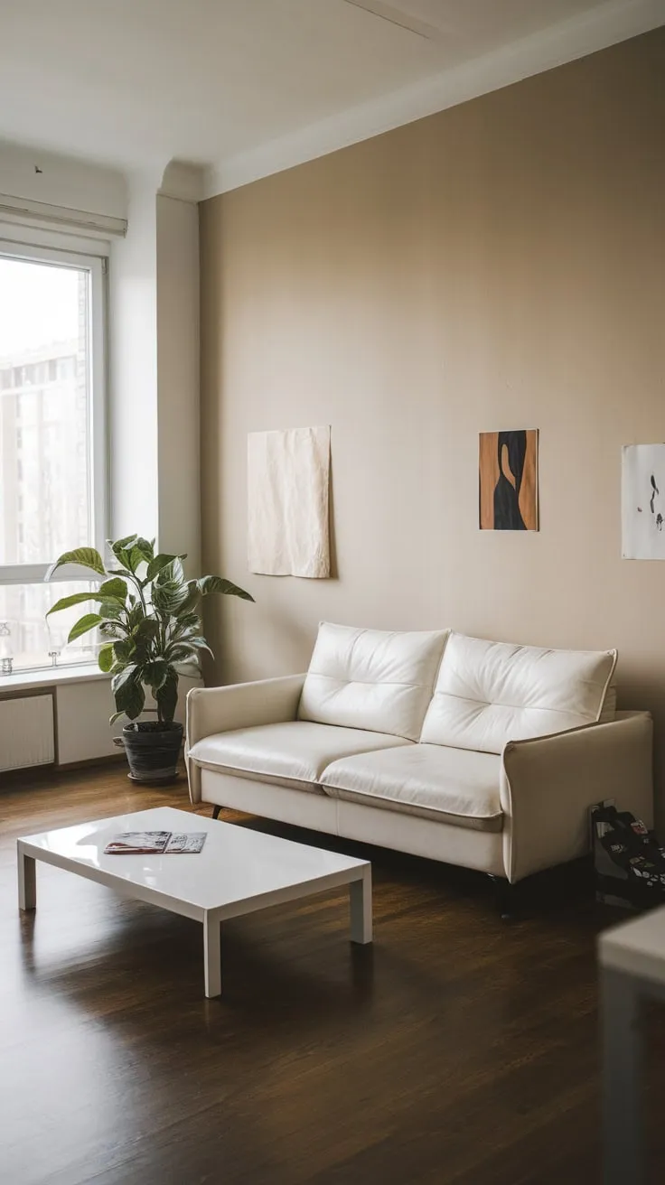 Clean lines and neutral tones define this minimalist apartment living room, accented by a touch of greenery and art.