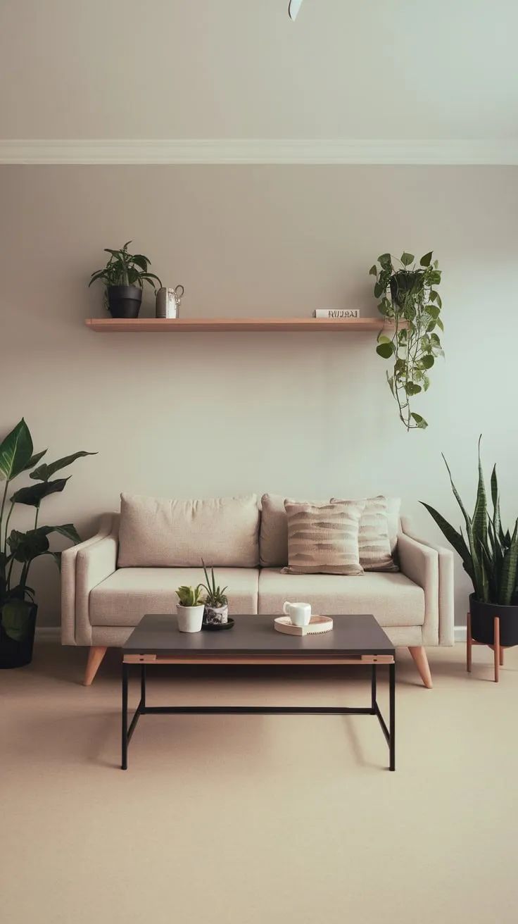 Light grey walls and beige tones create a serene minimalist living room, accented by simple furniture and greenery.