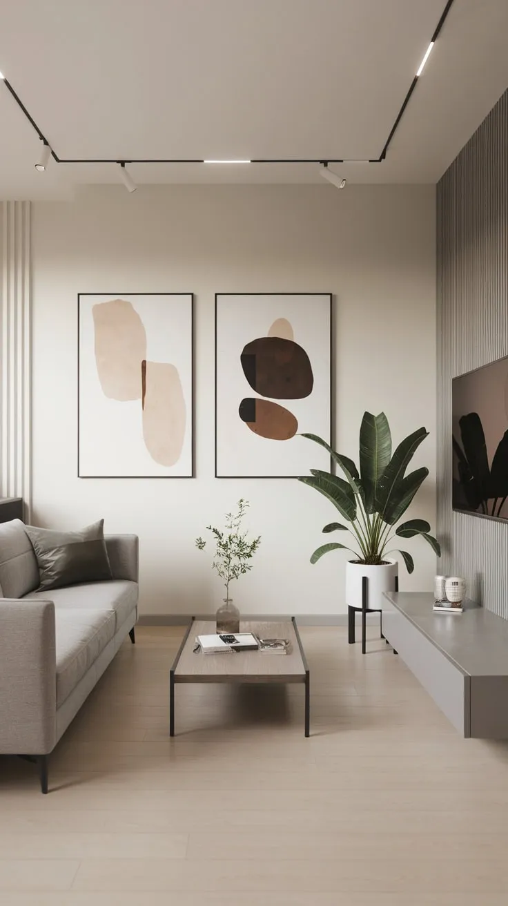 A modern living room's clean lines and light wood floors create a serene space enhanced by simple decor and a wall-mounted TV.
