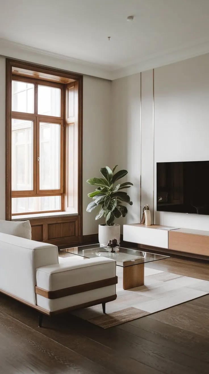 A modern living room's airy simplicity is achieved through a few carefully chosen pieces against a backdrop of white walls and dark wood floors.