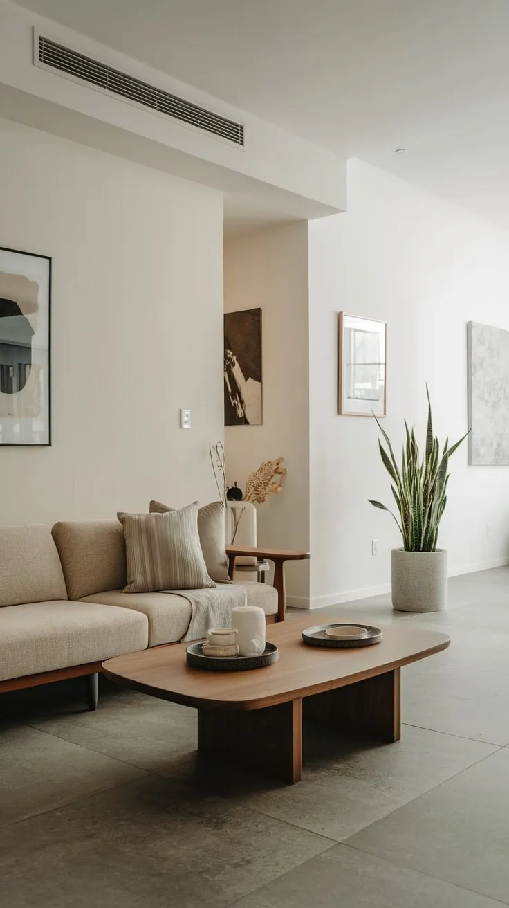 Neutral tones and clean lines define this minimalist apartment living room, showcasing modern comfort.