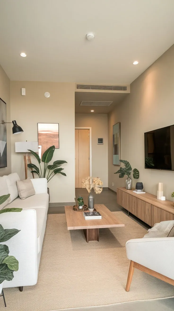 A minimalist apartment living room boasts a clean white sofa, natural wood accents, and calming beige tones, creating a modern oasis.
