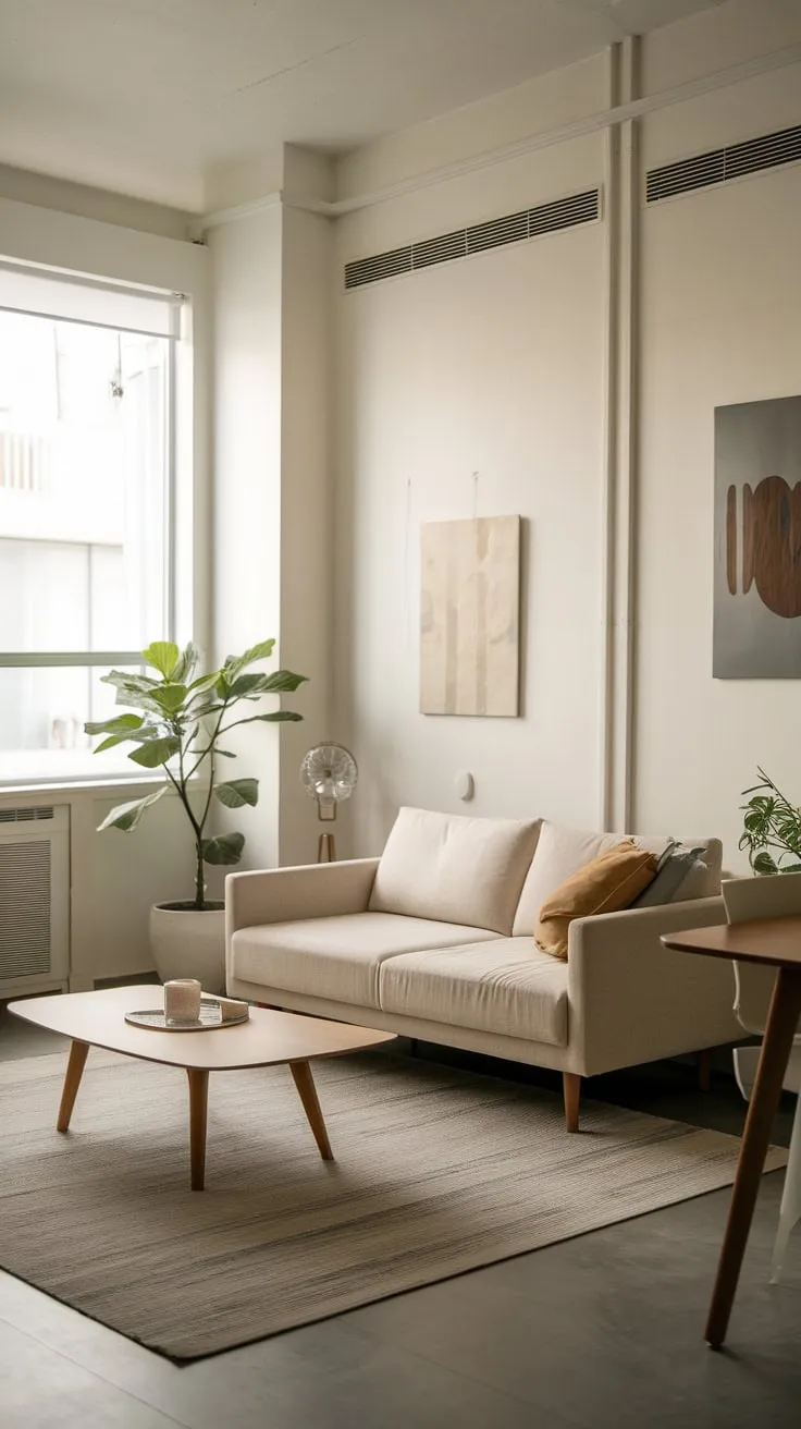 A minimalist beige sofa, wooden coffee table, and small potted plant create a serene modern apartment living room.