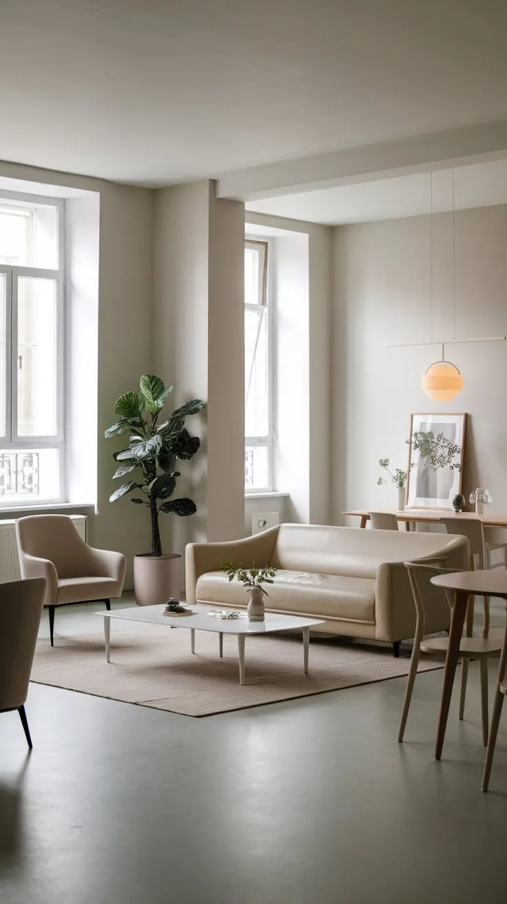 Light grey walls and floors accent a spacious minimalist living room featuring a beige sofa and hanging lamp