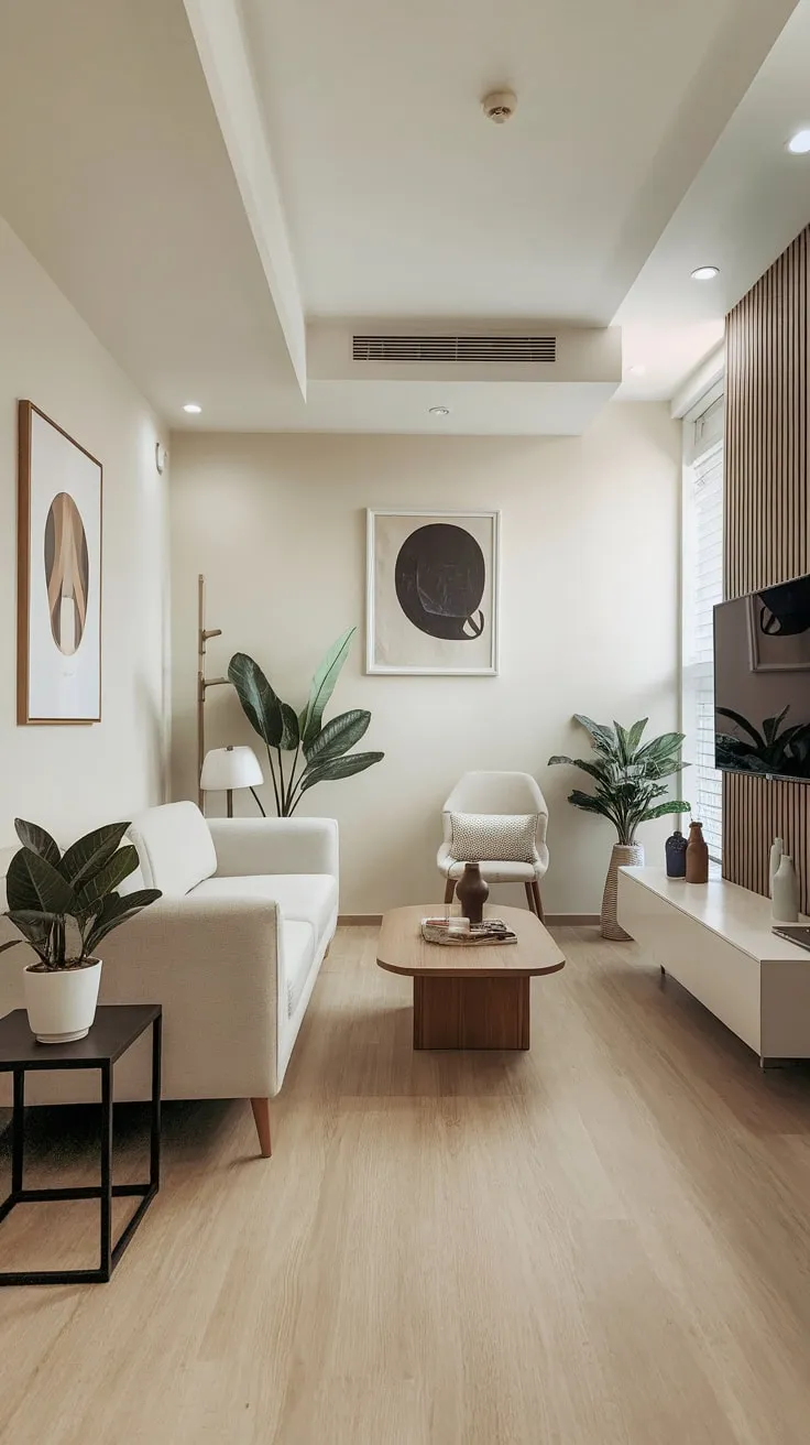 A light-filled modern living room boasts clean lines, natural wood, and subtle décor for a calming minimalist aesthetic.