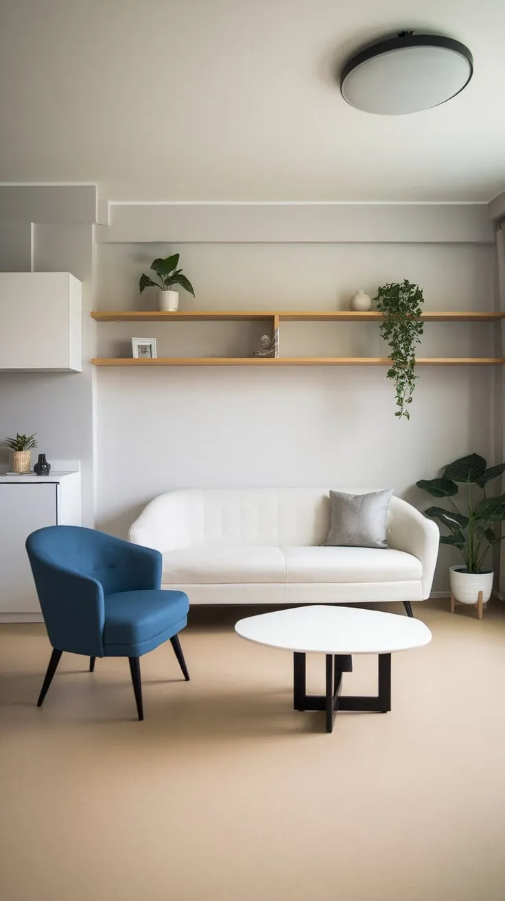 A minimalist apartment living room boasts a serene palette of white, gray, and blue accented by natural wood and greenery.