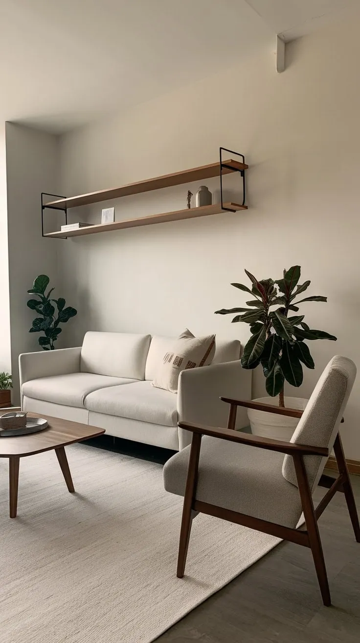 A minimalist white living room, accented with wood and a touch of green, offers modern apartment living at its finest