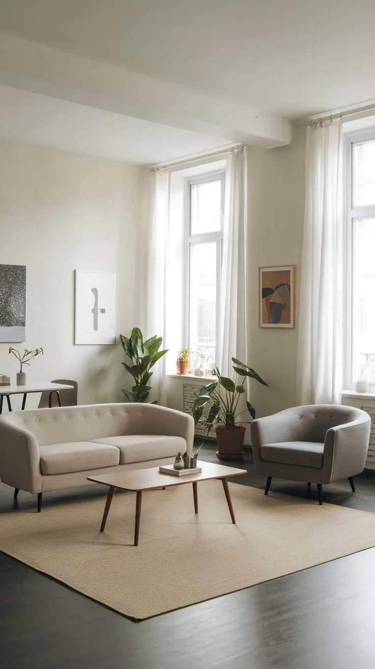 A minimalist apartment living room boasts a serene beige and gray palette accented by natural wood and greenery, bathed in light from large windows.
