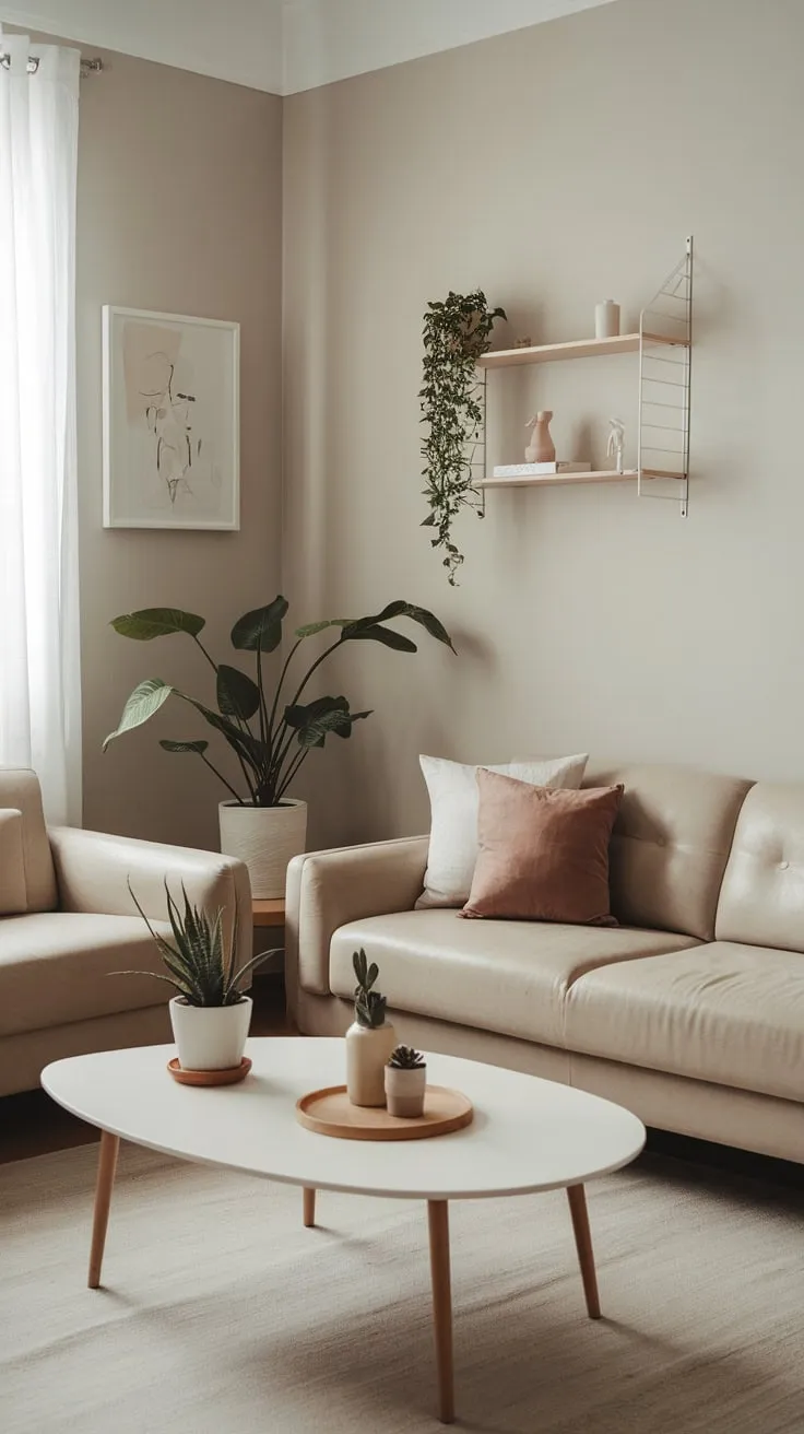 Neutral tones and minimalist décor create a serene modern living room atmosphere