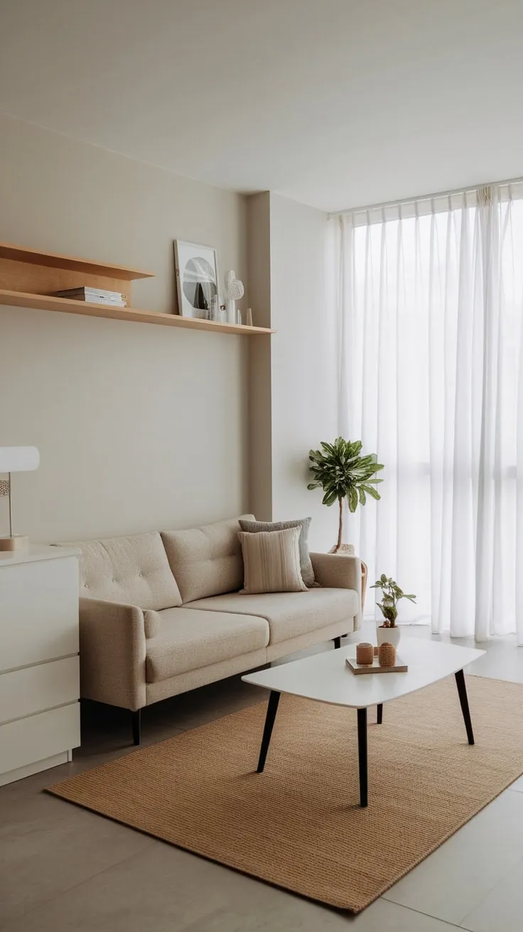 Light grey walls and a beige palette create a serene minimalist living room, accented by natural wood and a touch of greenery.