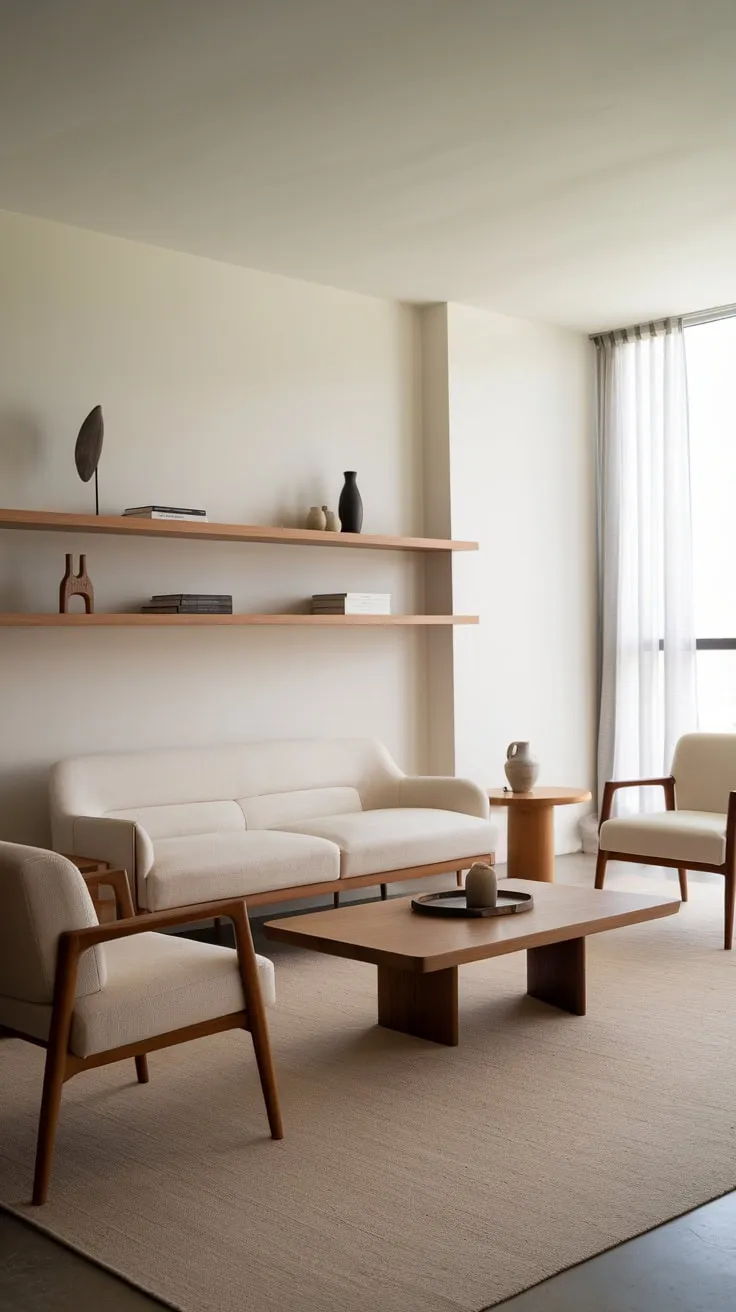 A modern apartment living room showcases a calming palette of beige and wood, highlighted by natural light and simple elegance.