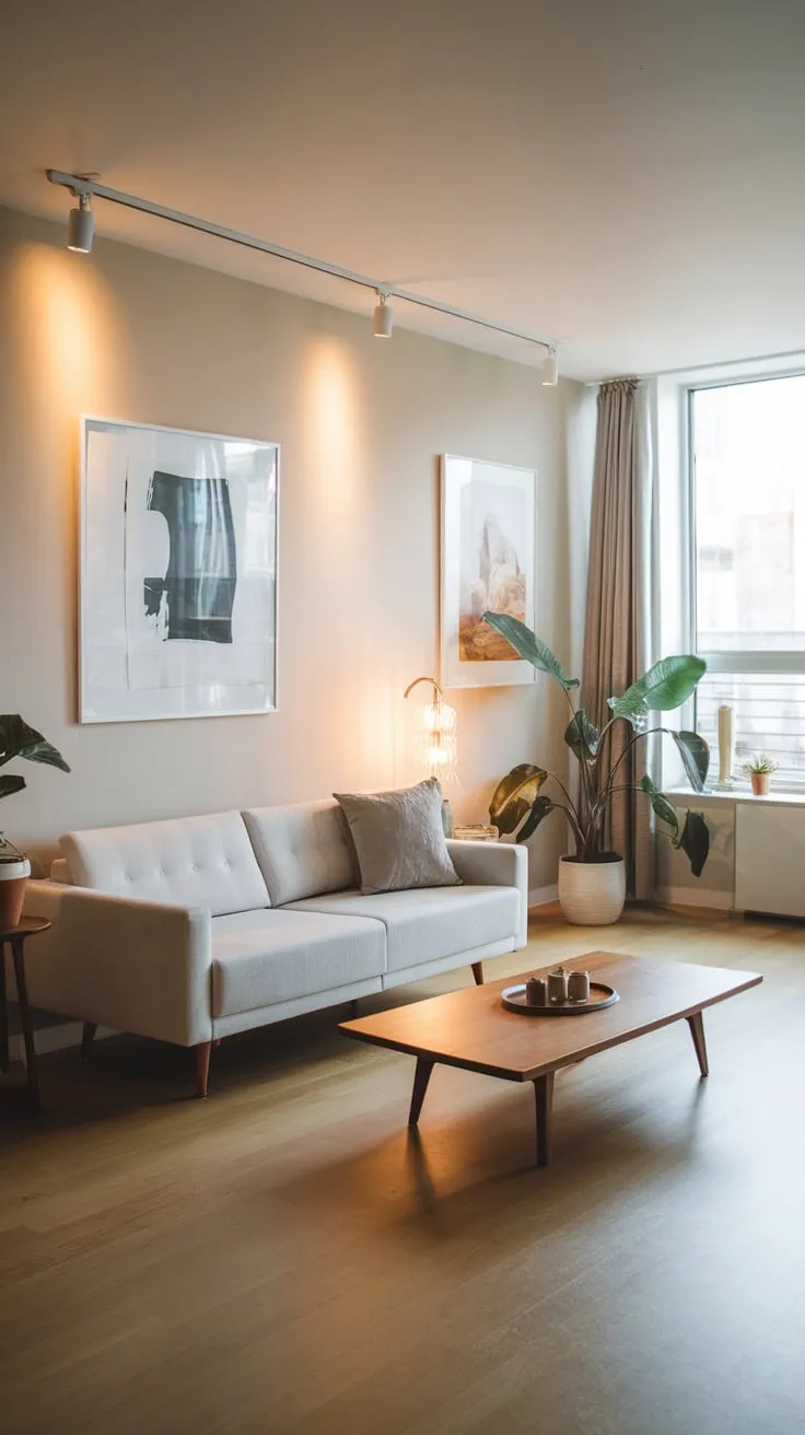 A modern apartment living room showcases simple elegance with a white sofa, wooden accents, and subtle artwork.