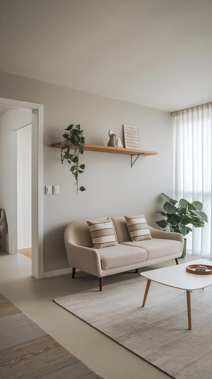 A light-grey apartment living room features a beige sofa, white coffee table, and green plant, creating a minimalist yet inviting space.