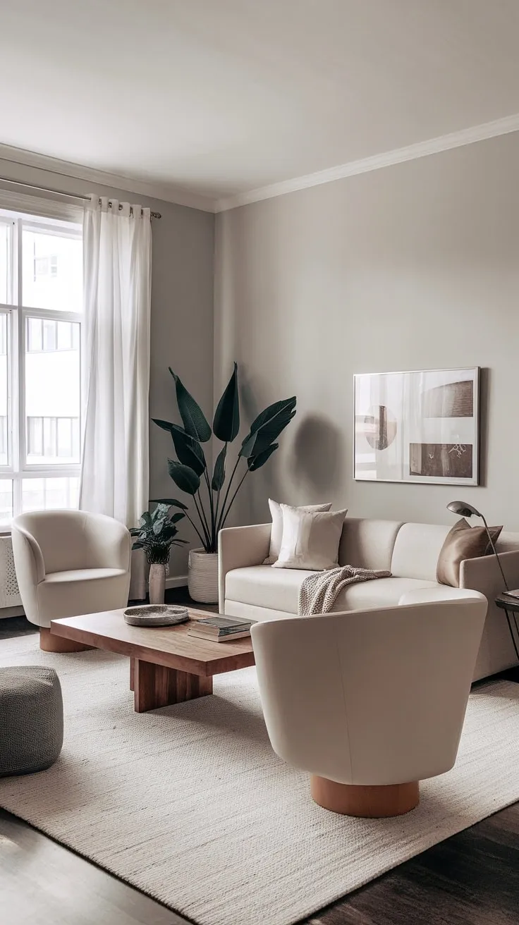 A light grey apartment boasts a minimalist living room with beige seating, a wooden coffee table, and a large plant adding a touch of nature.