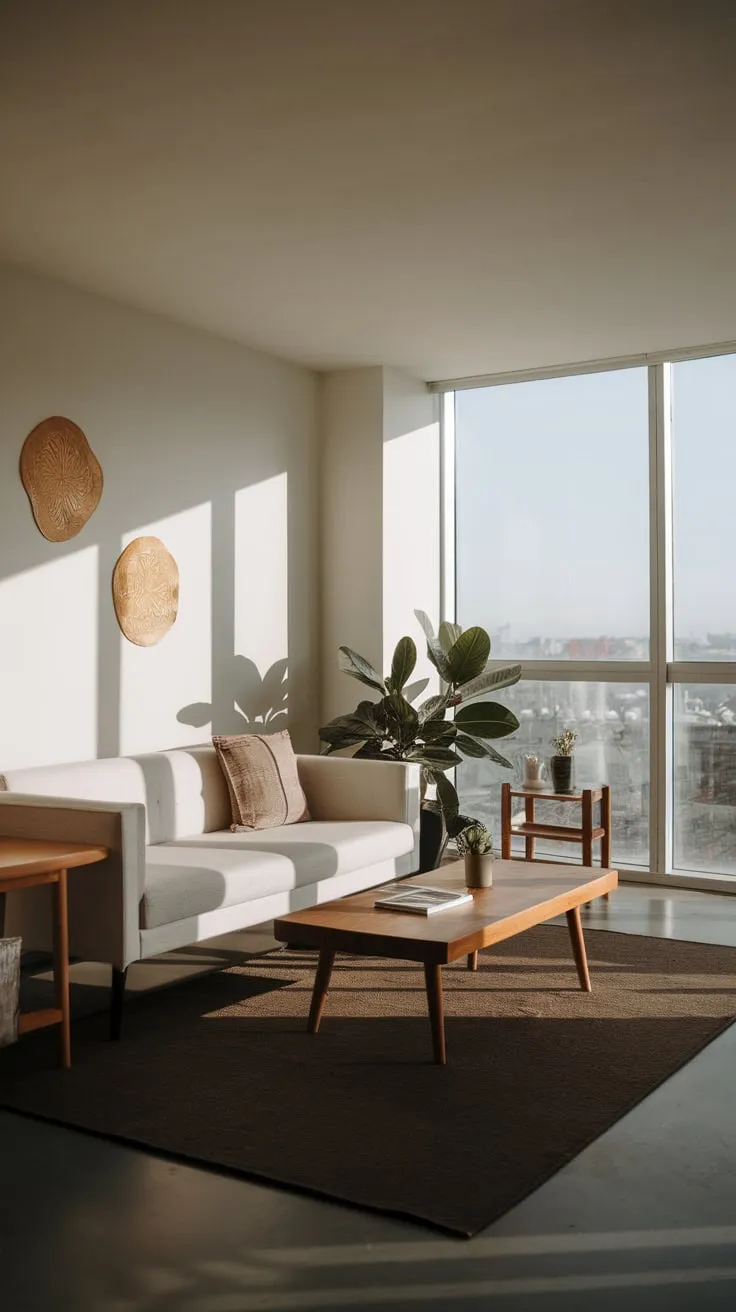 Sunlight floods a minimalist apartment living room showcasing a white sofa, wooden coffee table, and cityscape views.