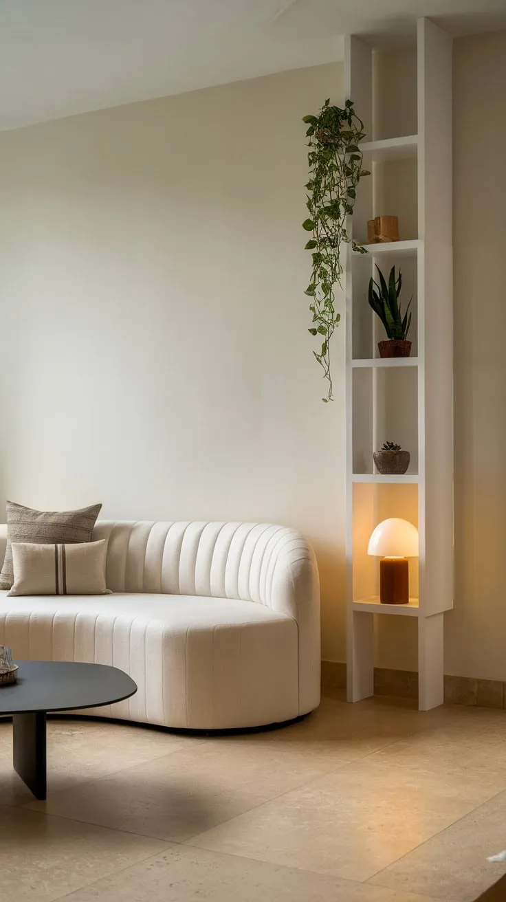 A white sofa, black coffee table, and sparse décor create a serene modern living space.