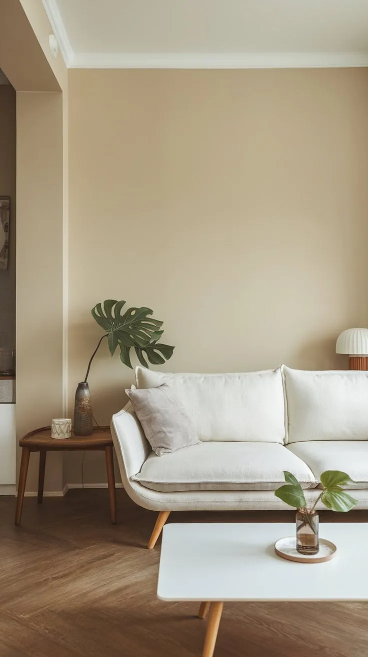 A minimalist white sofa, wooden accents, and a touch of green create a serene modern apartment living room.