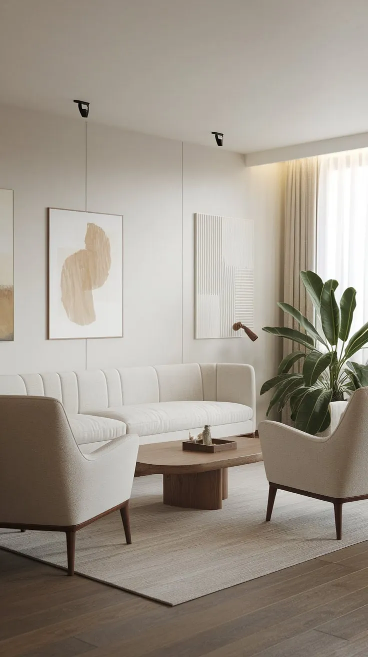 Clean lines and natural elements define this minimalist modern living room's serene aesthetic