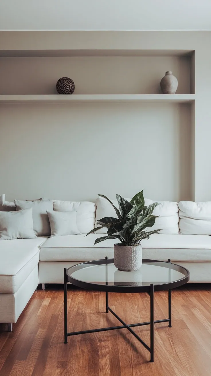 Light gray walls and wooden floors complement the clean lines of a stylishly sparse modern living space.