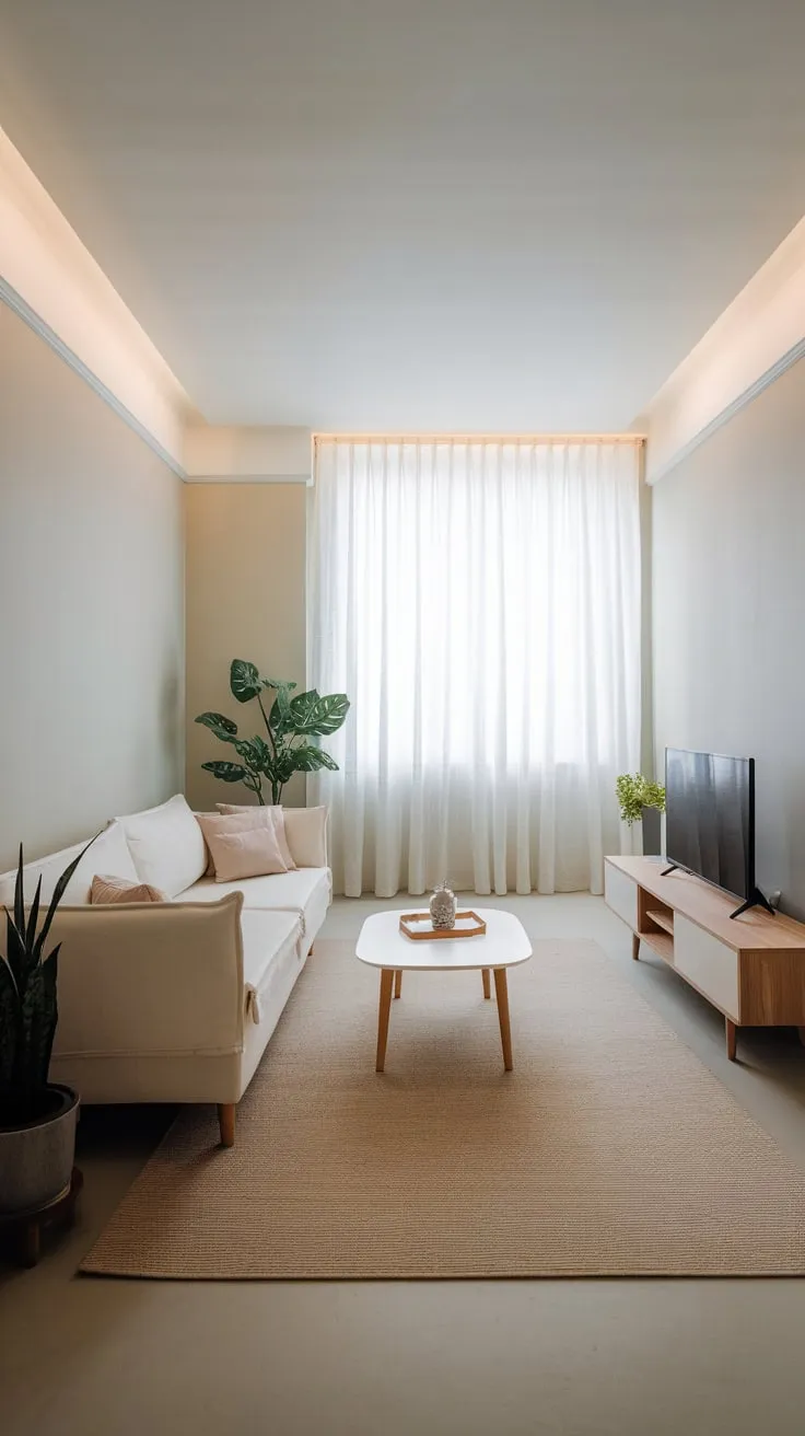 Soft light illuminates a minimalist white living room accented by wood, a beige rug, and a touch of green.