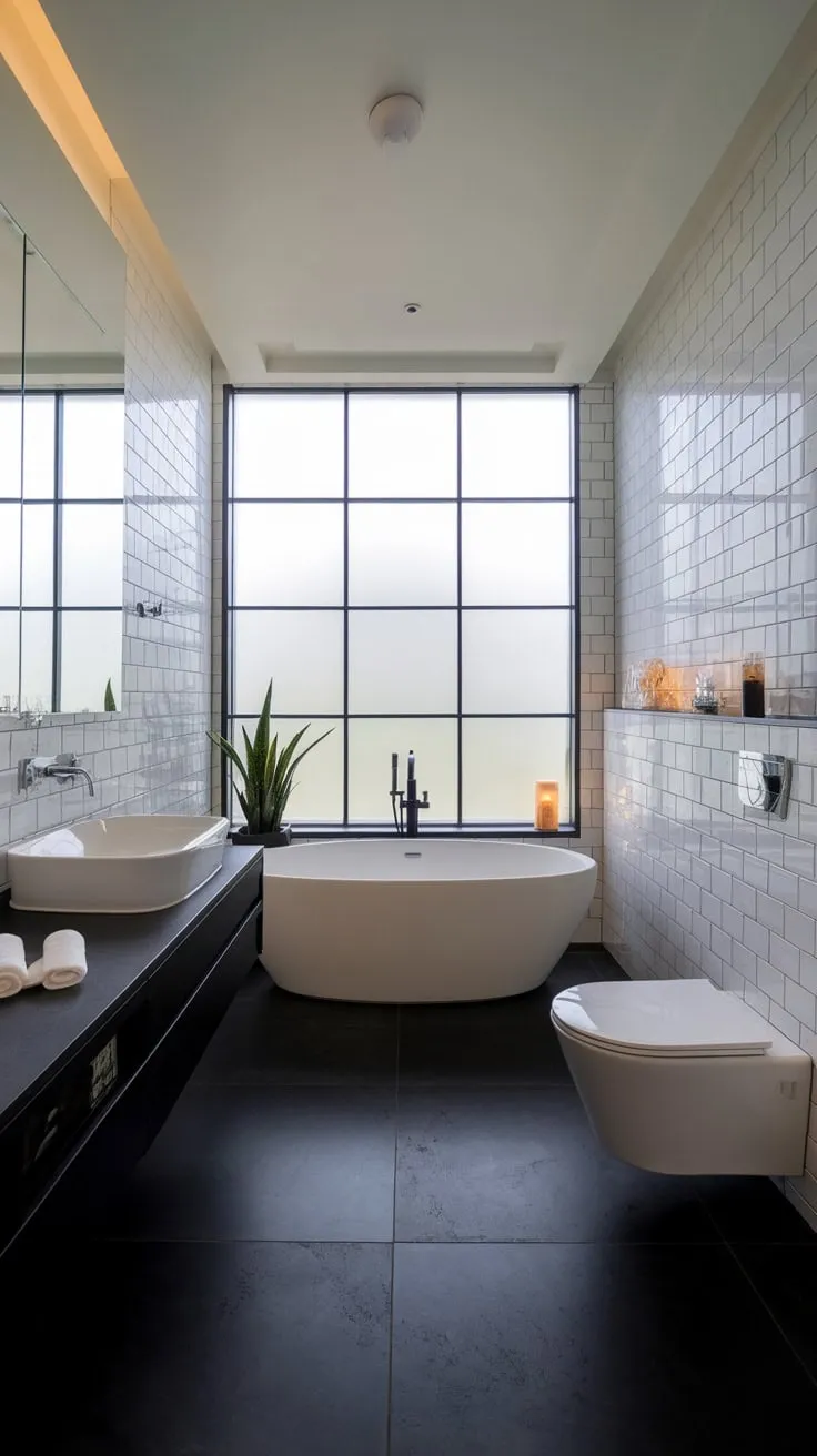 A sleek black and white bathroom boasts a freestanding tub, minimalist fixtures, and a tranquil window, defining modern luxury.