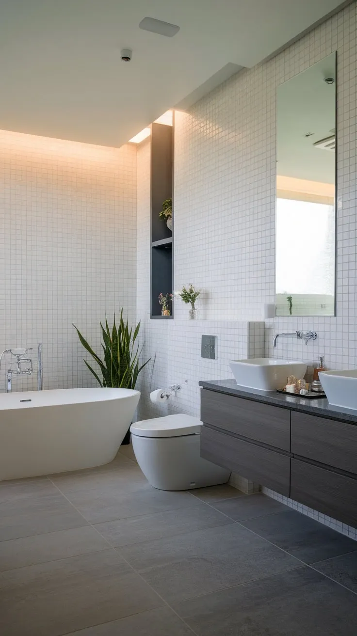 Soft lighting illuminates a serene modern luxury bathroom featuring a freestanding tub, dual-flush toilet, and double vanity, all complemented by elegant tilework.