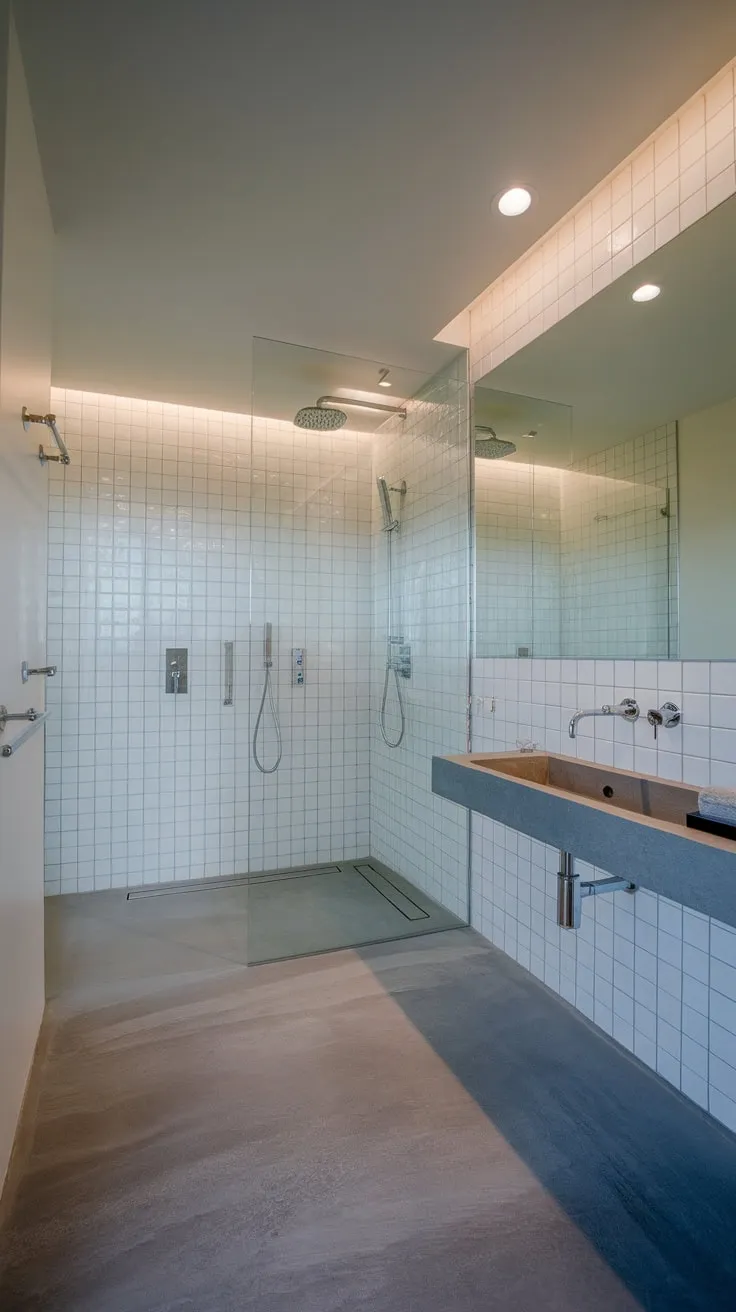 Sleek white tiles, gray floors, and a multi-head shower define this modern luxury bathroom's minimalist elegance