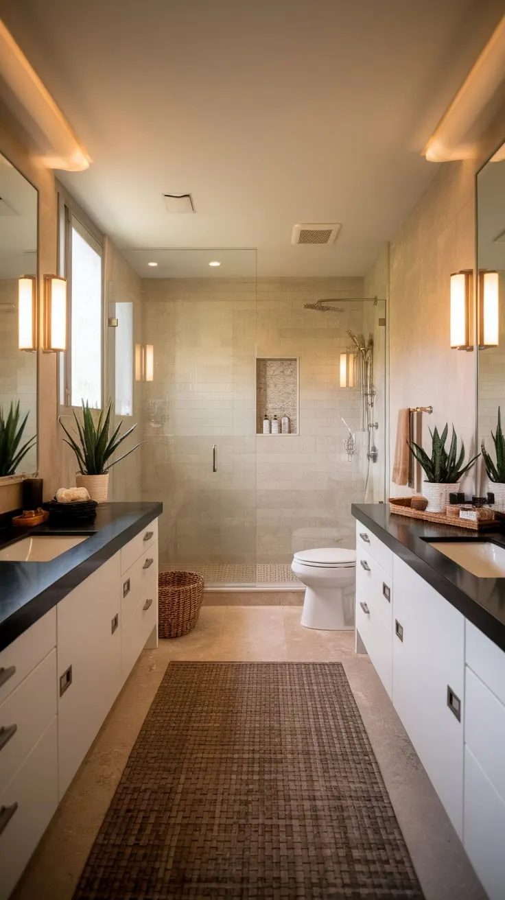 A spa-like modern bathroom boasts a glass-enclosed shower, double vanity with black accents, and beige tile, offering a sophisticated retreat.