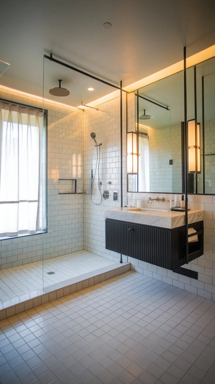 Warm lighting illuminates a spacious, elegant bathroom with a walk-in shower and large white tiles, creating an oasis of calm.