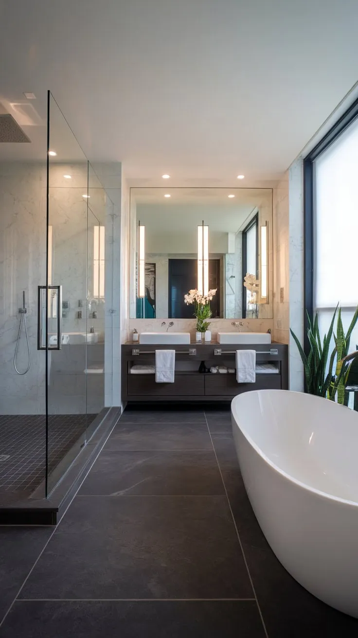 A spa-like retreat awaits in this modern luxury bathroom, boasting a walk-in shower, freestanding tub, and dual vanity, bathed in bright light and sophisticated grey and white tones.