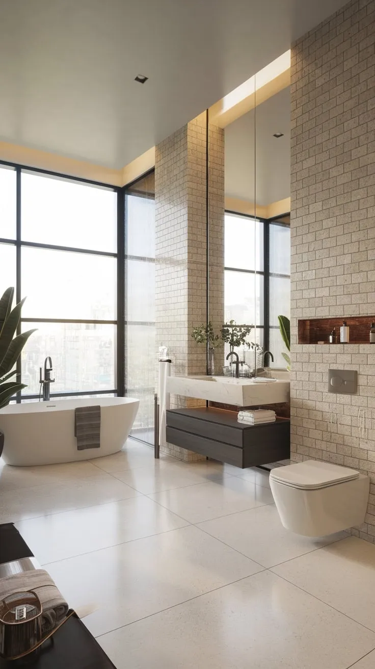 Indulge in serene modern luxury with a freestanding tub, natural light, and chic brickwork.