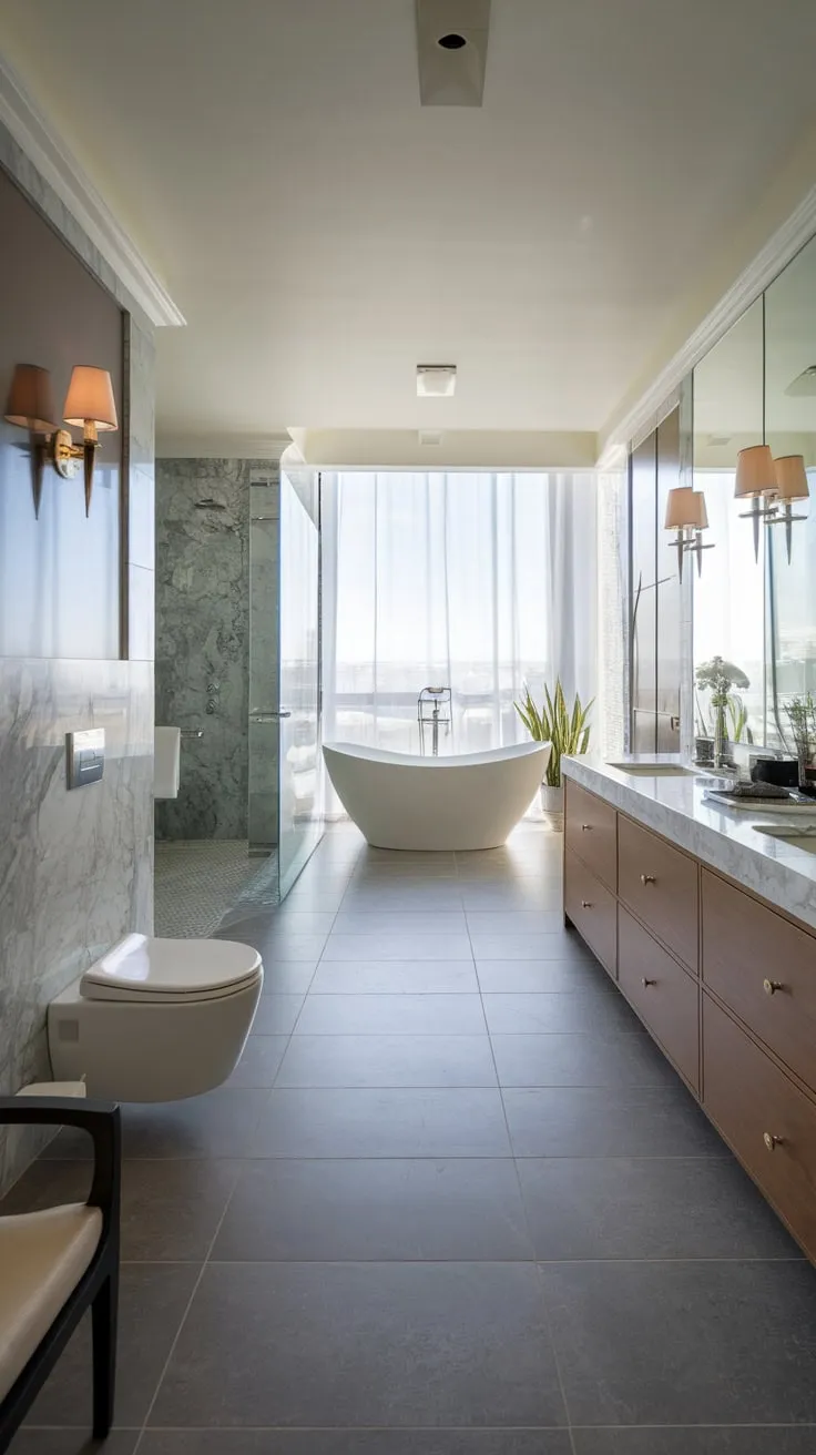 A sleek, elegant bathroom design boasts a freestanding tub, spacious shower, and marble vanity, creating an oasis of modern luxury.