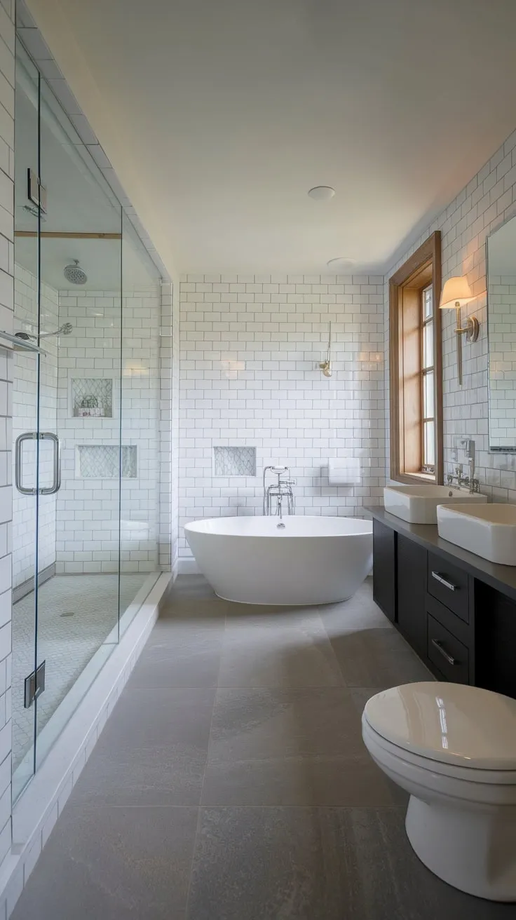 Elegant grey tile and white subway tile create a stylish modern luxury bathroom featuring a freestanding tub and glass shower.