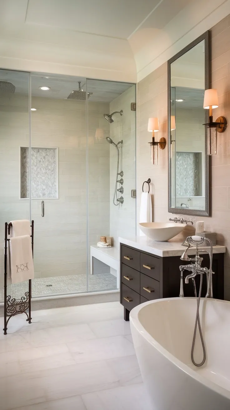 A stylish modern bathroom boasts luxurious details like a multi-head shower, freestanding tub, and marble flooring, creating an oasis of calm.