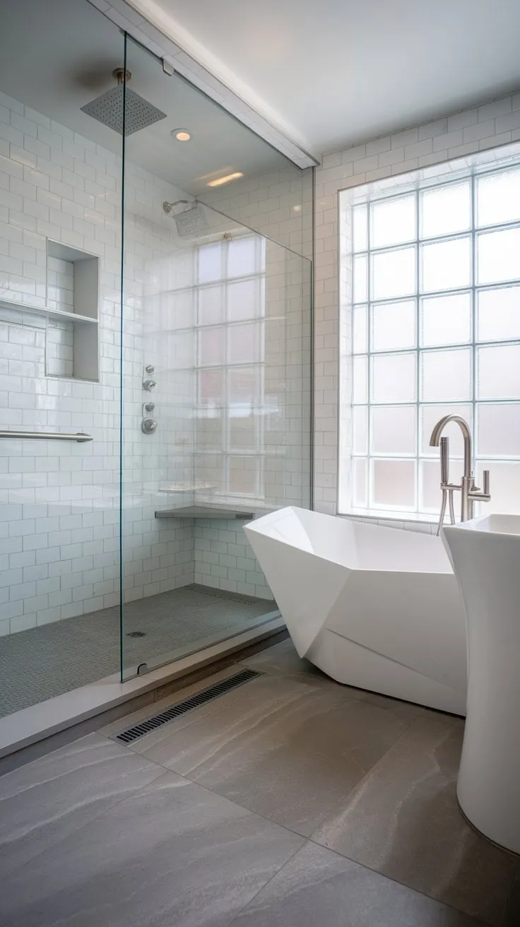 Geometric lines and brushed nickel fixtures define this modern luxury bathroom's sleek walk-in shower, freestanding tub, and pedestal sink, all set against a backdrop of gray tile and frosted glass.