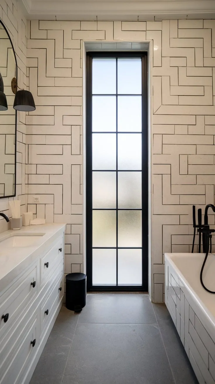 A stylish modern bathroom boasts a sophisticated monochrome palette, featuring a striking tiled wall and luxurious fixtures.