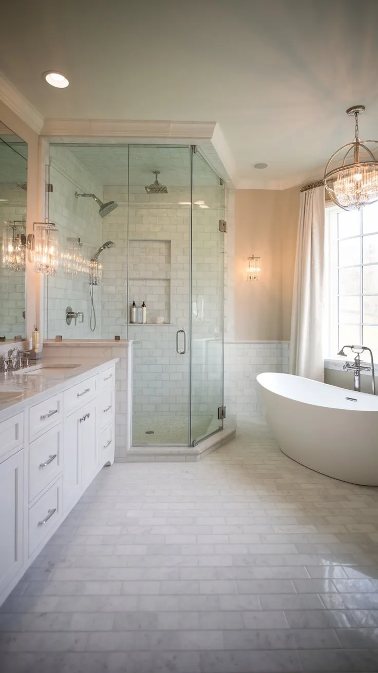 Indulge in a spa-like retreat with this modern luxury bathroom featuring a walk-in shower, freestanding tub, and double marble vanity.