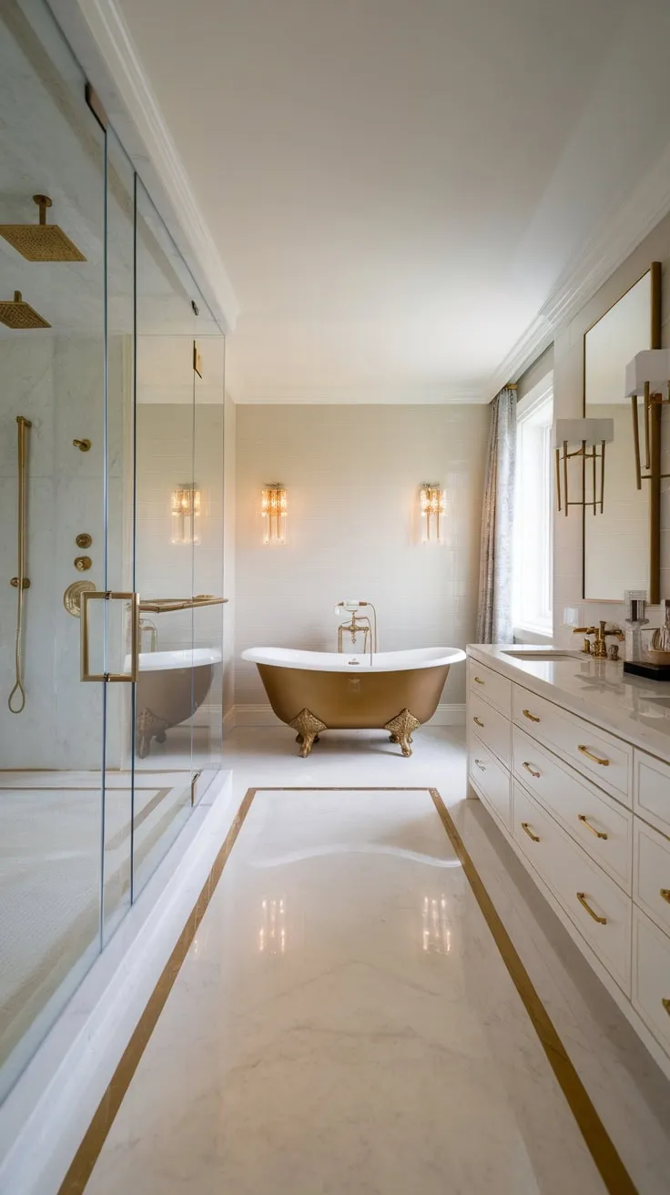 Indulge in opulent relaxation with a modern luxury bathroom boasting a gold-accented freestanding tub, multi-head shower, and dual vanity, all set against a backdrop of marble and beige tile.