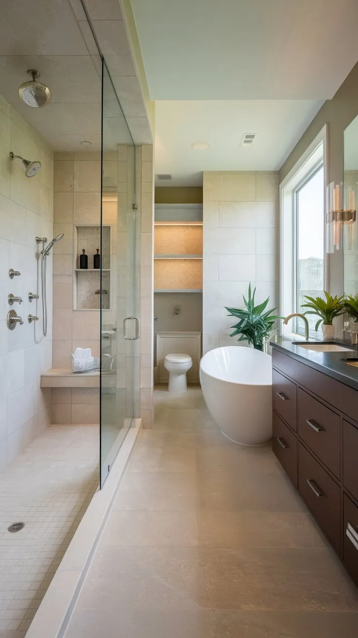 Indulge in a spa-like retreat with this modern luxury bathroom featuring a multi-head shower, freestanding tub, and double vanity, all bathed in natural light.