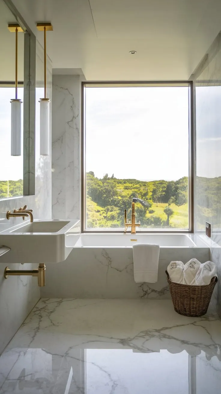 Indulge in a luxurious escape with a marble bathroom featuring a soaking tub, gold fixtures, and a breathtaking view.