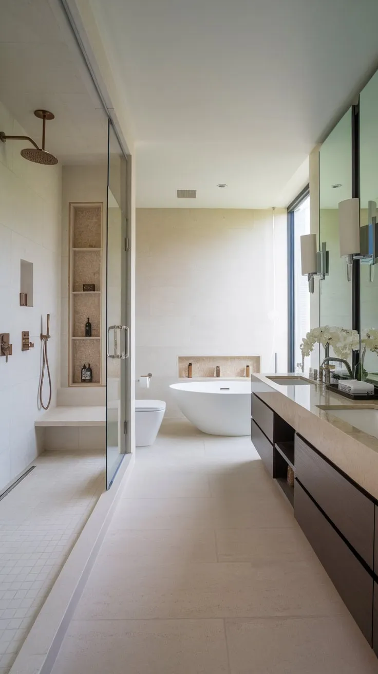 A spa-like retreat awaits in this stylish bathroom boasting a walk-in shower, soaking tub, and double vanity, all finished with pristine white and beige tiles.