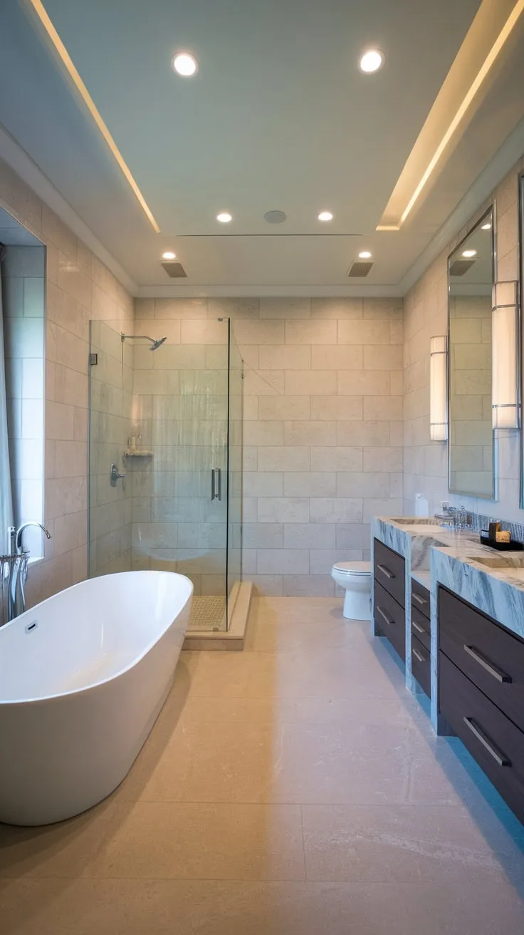 Indulge in a modern luxury bathroom featuring a freestanding tub, walk-in shower, and double marble vanity, bathed in natural light and sophisticated grey tile.