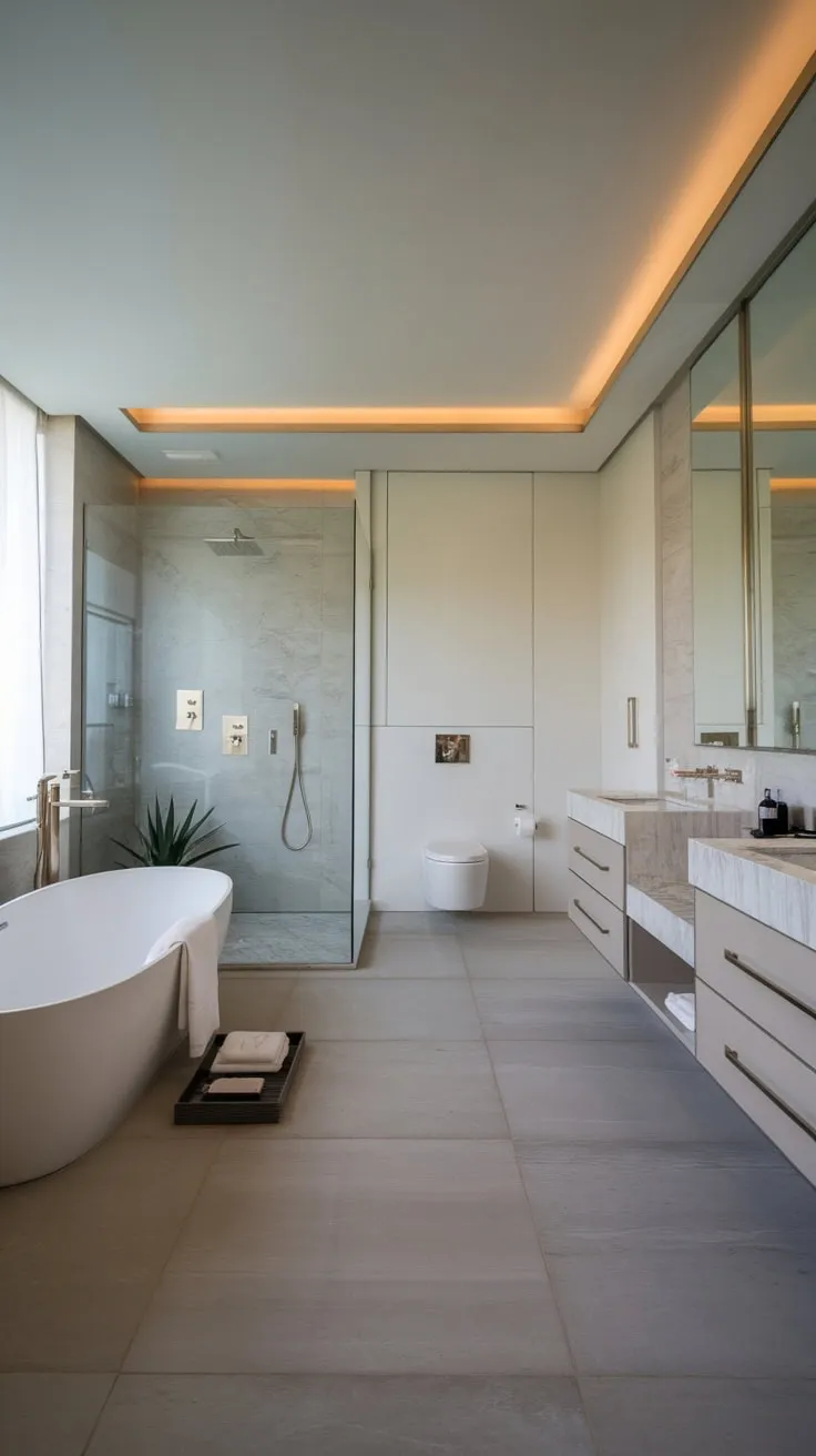 A spa-like retreat awaits in this elegant modern bathroom, complete with a heated tub, rainfall shower, and luxurious marble finishes.