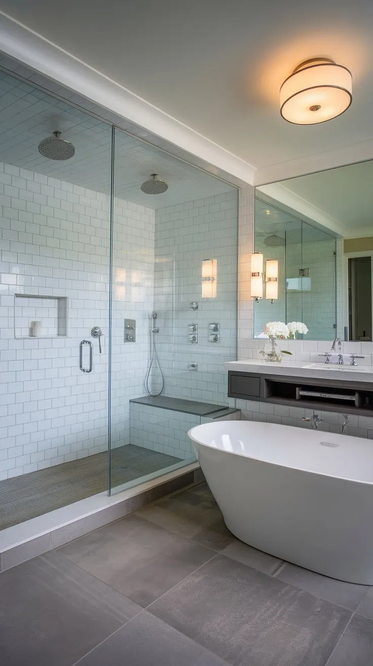 Indulge in a spa-like retreat with this modern luxury bathroom featuring a spacious walk-in shower, freestanding tub, and sleek minimalist design.
