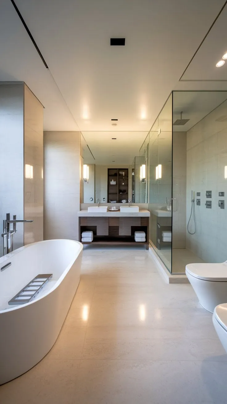 A heated freestanding tub, expansive walk-in shower, and elegant dual-sink vanity define this modern luxury bathroom's sophisticated style.