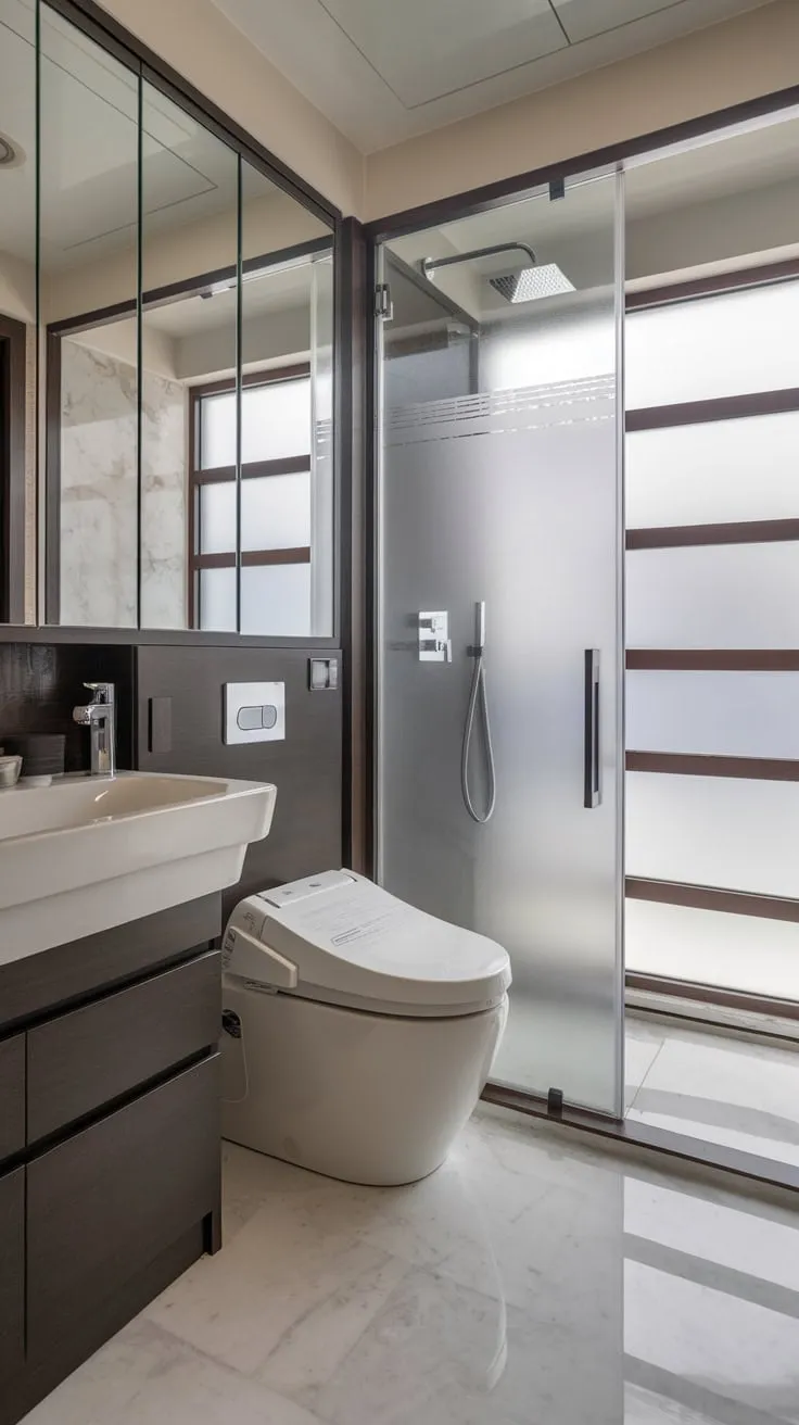 A spa-like retreat awaits in this modern bathroom, boasting a walk-in shower, sleek cabinetry, and luxurious marble flooring.