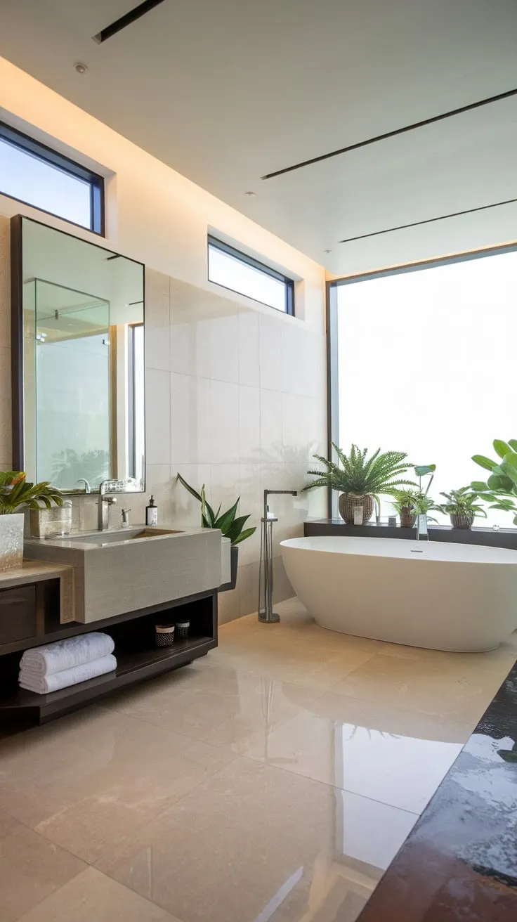 Sleek design and natural light create an oasis of modern luxury in this elegant bathroom featuring a freestanding tub and potted plants.