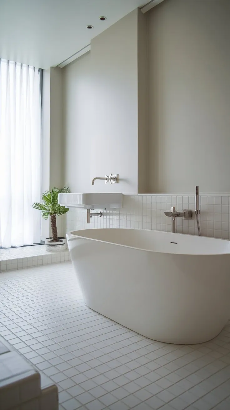 A sleek contemporary bathroom design offers a tranquil escape featuring a spacious tub and sophisticated fixtures.
