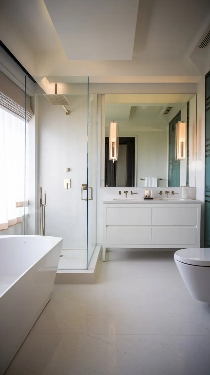 Sleek white fixtures and a spacious layout define this modern luxury bathroom's serene elegance