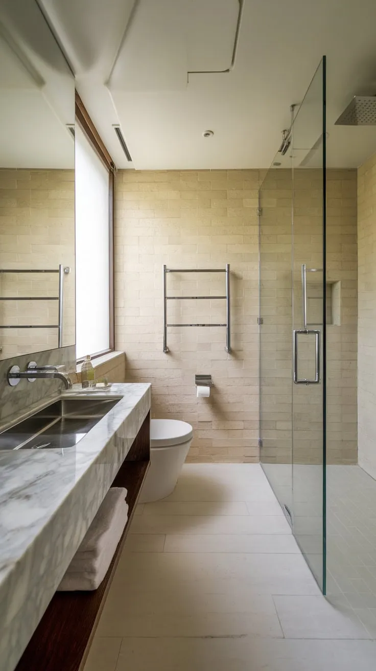 Beige brick walls and a glass shower enhance the bright, airy feel of this luxurious bathroom retreat.